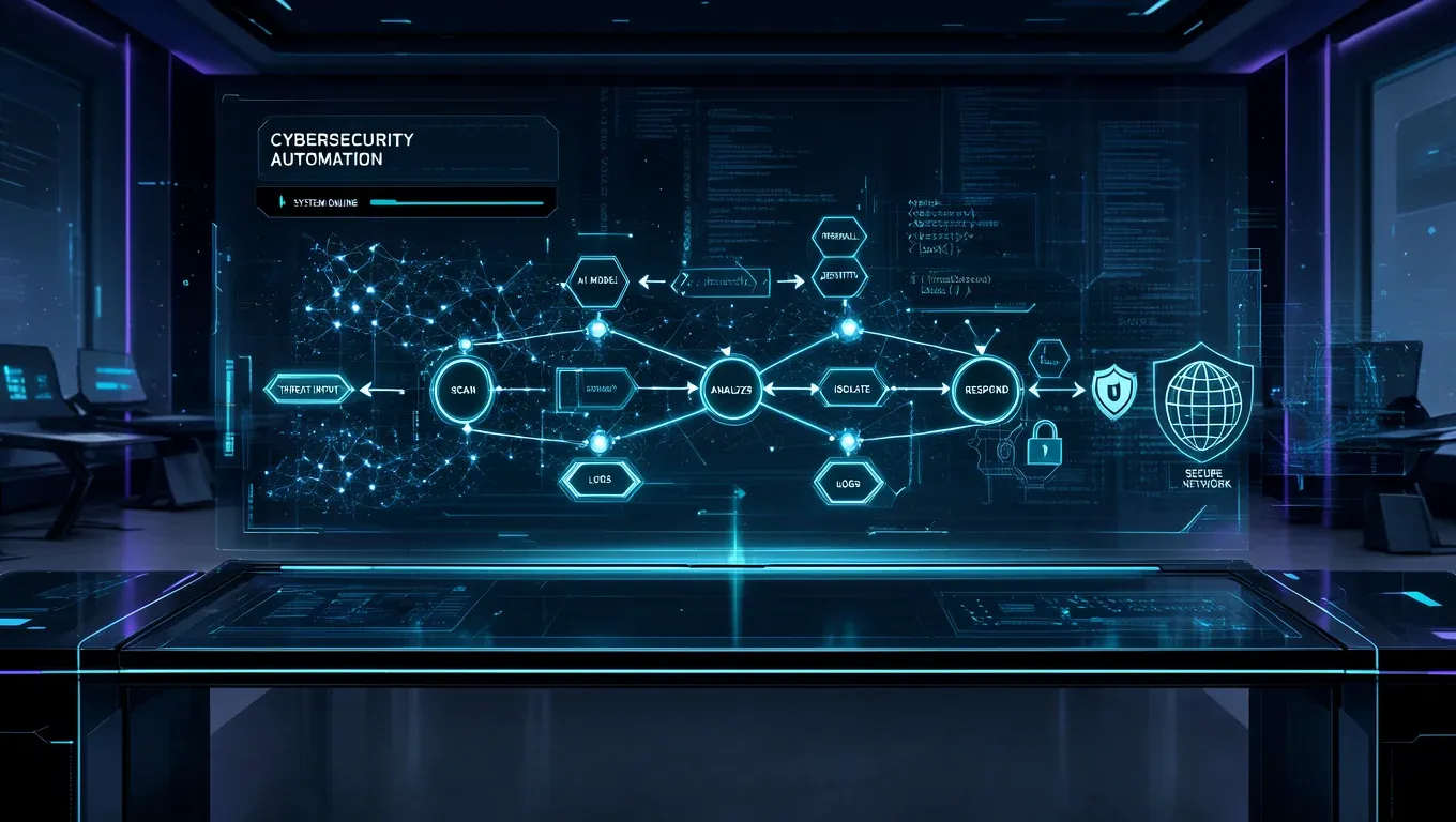 Illustrazione editoriale di un'interfaccia di cybersecurity con nodi di automazione e reti neurali AI.