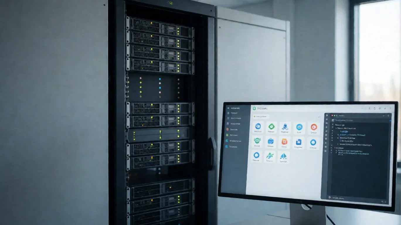 Server rack e monitor che mostra una dashboard di software open-source gestiti con Docker.